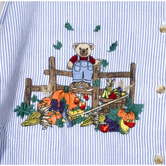 NWT Let's Quizz Again Embroidered Teddy Bear Blue & White Striped Shirt Sz M - Picture 3 of 6